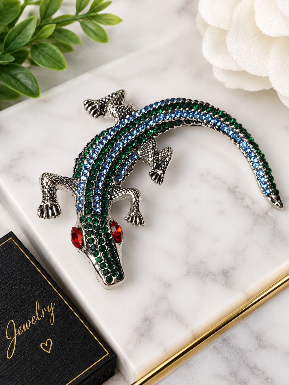 Crystal Embellished Alligator - Green & Blue With Red Eyes